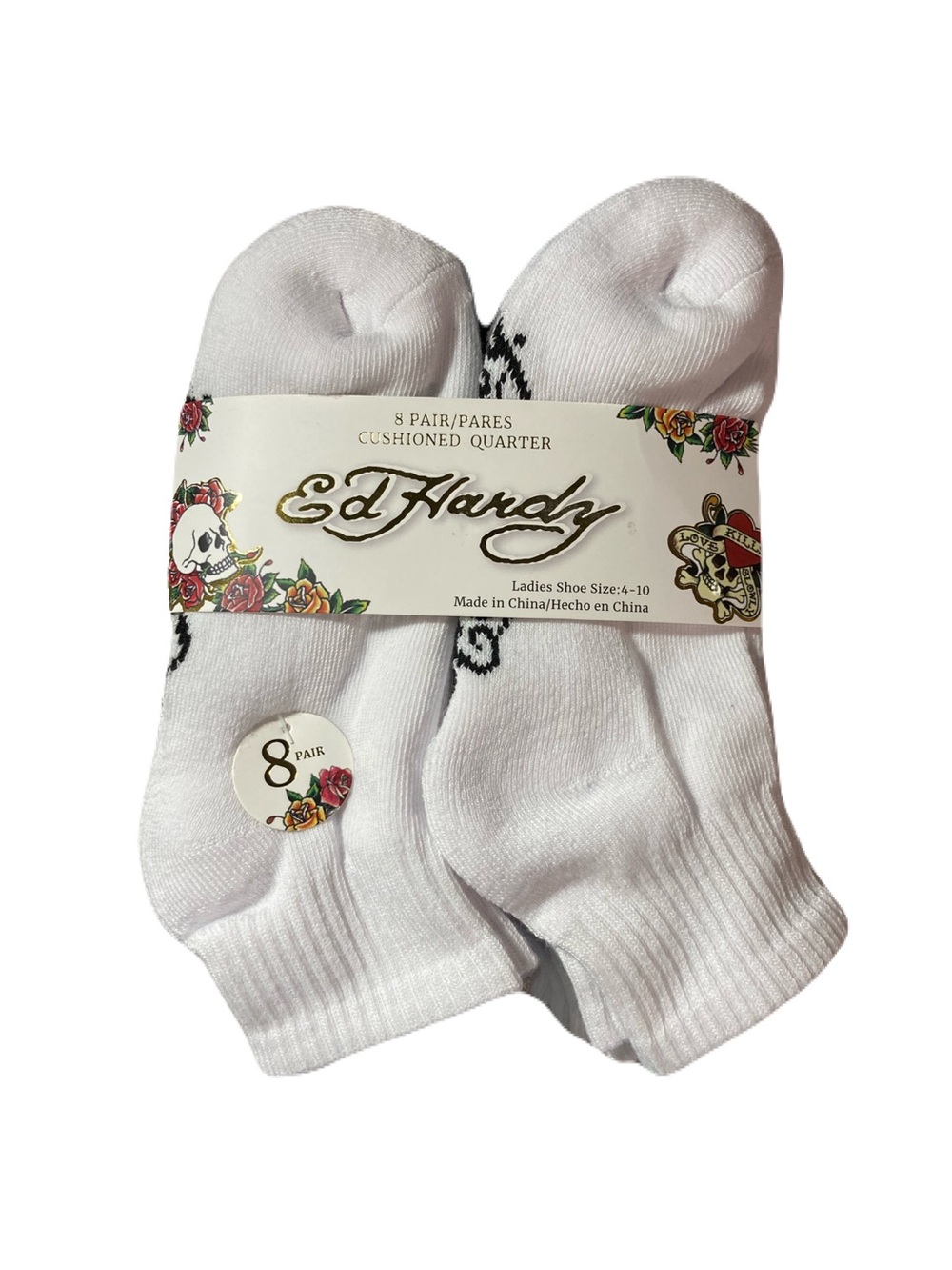 Ed Hardy Women’s Cushioned Quarter Socks | 8 - Pack White Tattoo Skull Graphic